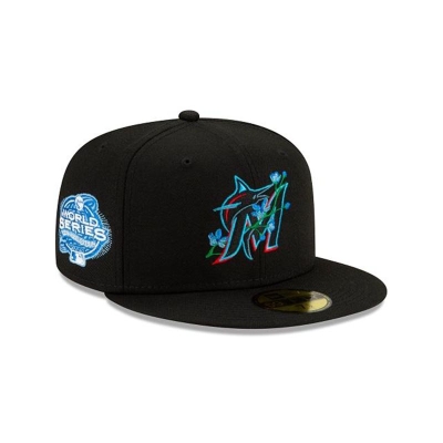 Black Miami Marlins Hat - New Era MLB Side Patch Bloom 59FIFTY Fitted Caps USA5039217